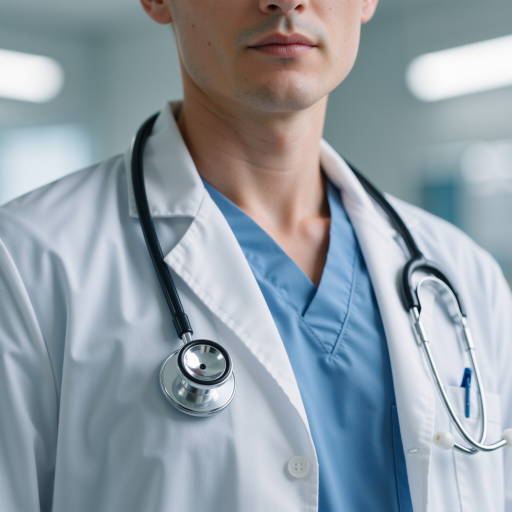 五十五岁左右中年男性医生头像，穿白色医生制服，戴眼镜，蓝色背景，表情严肃