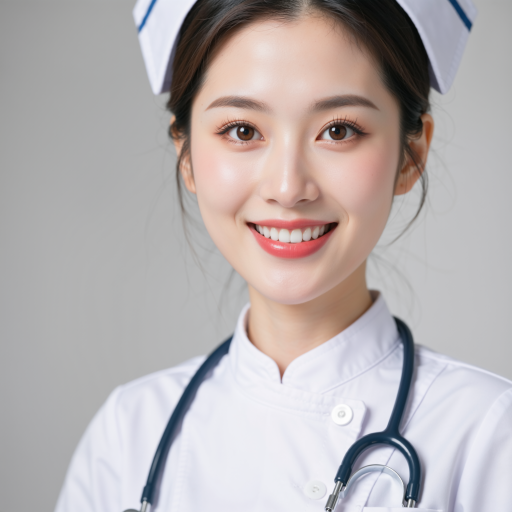 四十岁左右中年女性医生头像，穿白色医生制服，蓝色背景，表情温和专业