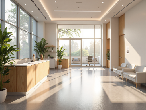 医院内部大厅，宽敞明亮，现代化装修风格，患者有序排队咨询台