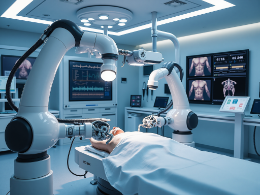 手术室内医护人员正在进行机器人辅助手术，高科技设备清晰可见