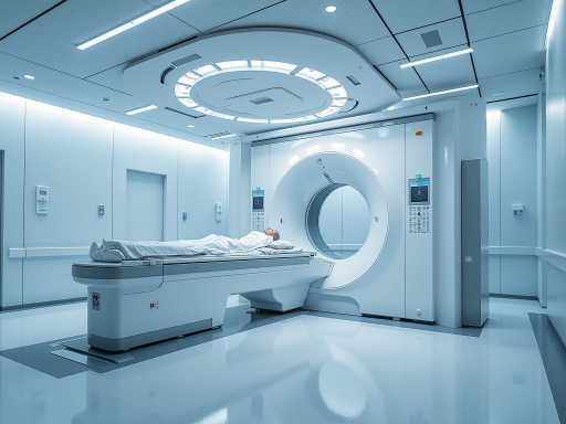 医院新购置的核磁共振设备，现代化医疗设备外观，技术人员正在操作